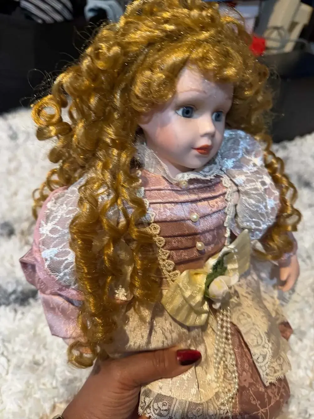 Vintage Bisque Porcelain Collector Doll with Curly Blonde Hair